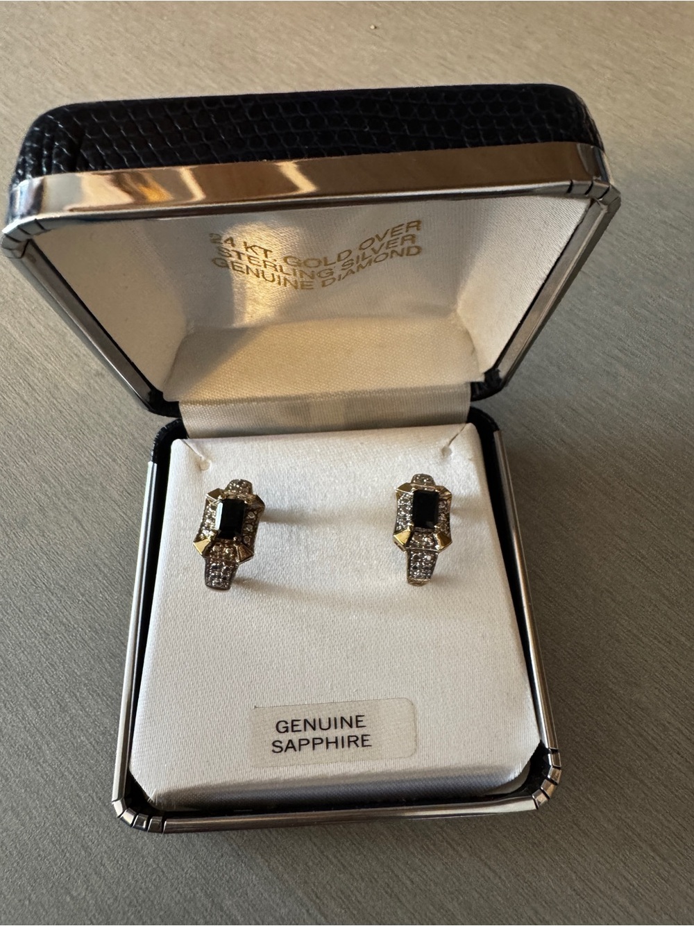 Genuine Sapphire & Diamond Art Deco Earrings 24K Gold Over Sterling Silver